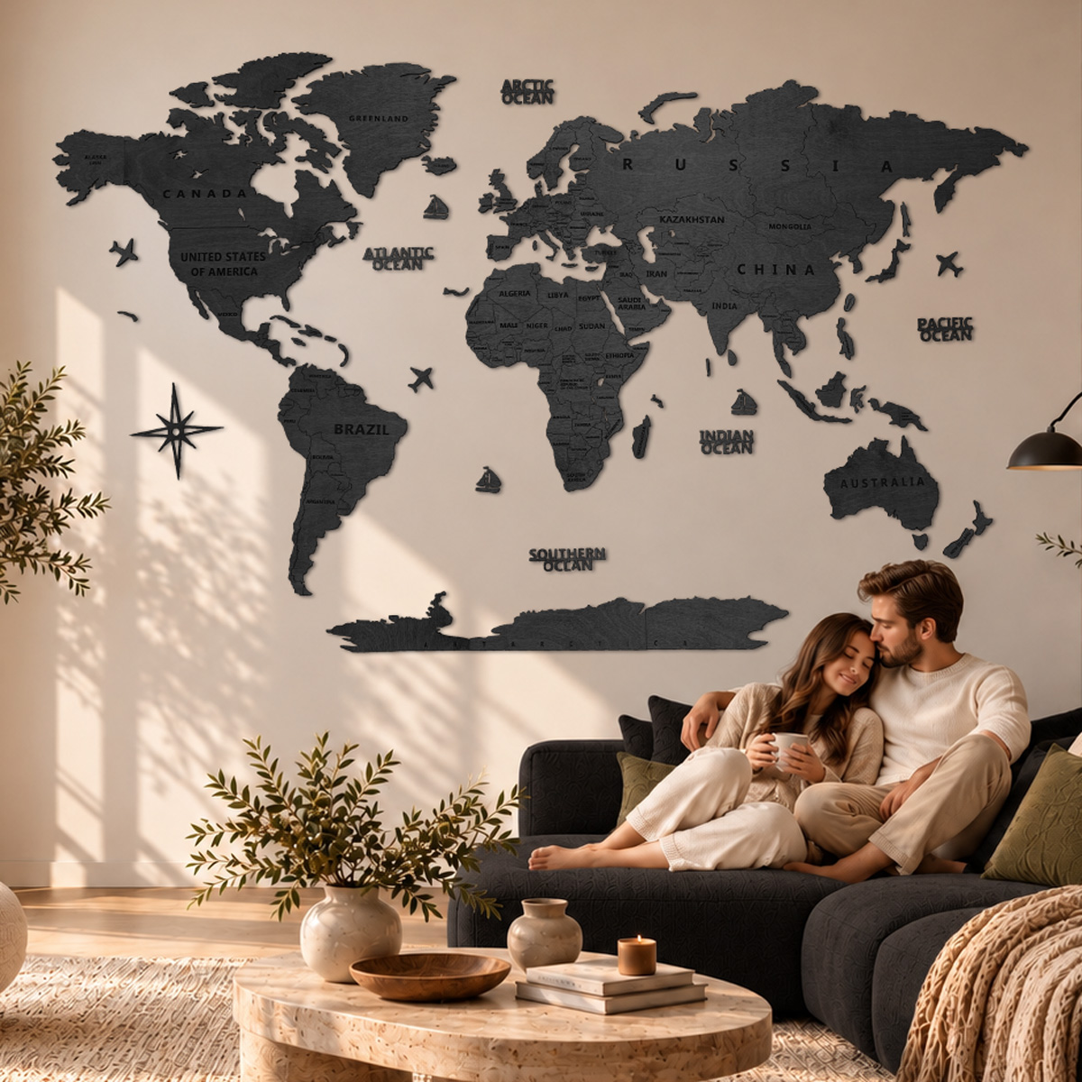 Carte du monde en bois - décoration murale "Noir" Carte du monde en bois - décoration murale "Noir" – Image 1