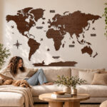 Carte du monde en bois - décoration murale "Noyer"
